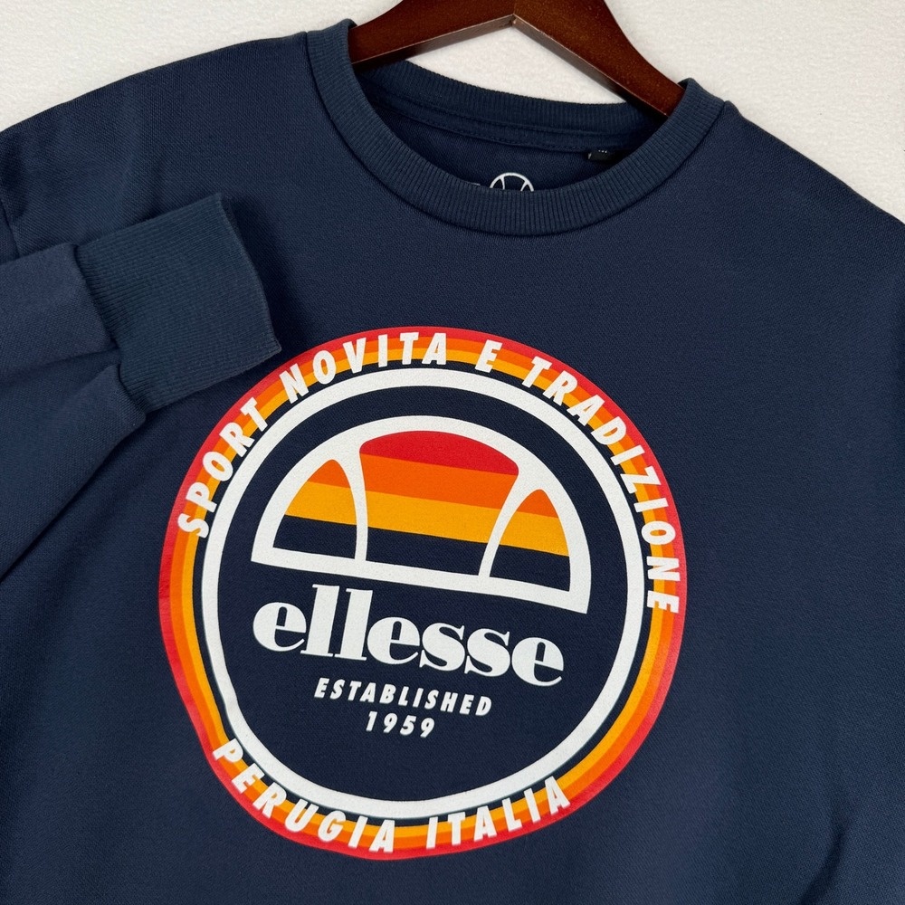 Ellesse Mens M Navy Blue Graphic Crewneck Sweatshirt OMR01797 Retro Sport